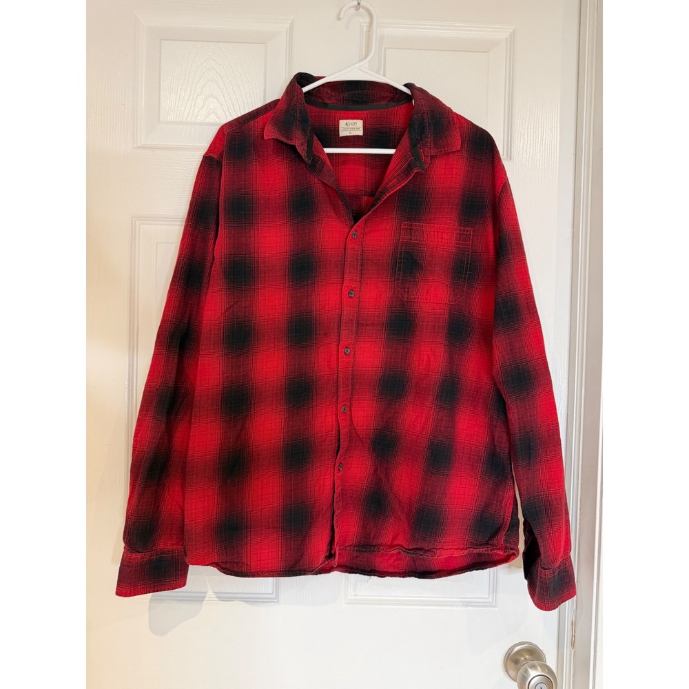 ACW85 Mens XL Red Black Buffalo‎ Plaid Flannel Button Down Shirt Cotton Grunge